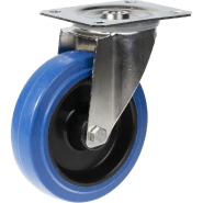 Roulette pivotante de 125 mm en acier inoxydable avec caoutchouc élastique bleu sur roue centrale en nylon. Roulette pivotante de 125 mm en acier inoxydable avec caoutchouc élastique bleu sur roue centrale en nylon.