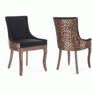 Merax Lot de 2 chaises rembourrées , chaise de salle à manger en tissu, dossier léopard, chenille noire + pieds en bois d'hévéa de couleur nature