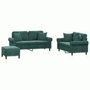 VidaXL Ensemble de canapés 3 pcs avec coussins vert foncé velours Modèle Belmoris - 3202242