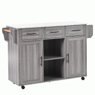 Merax Chariot de cuisine 139x46-71x91.5 cm, îlot mobile avec plan rabattable, 2 portes et 3 tiroirs, roulettes/pieds bois, gris - gris Bois manufactu