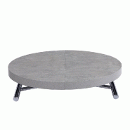 TABLE BASSE RONDE RELEVABLE ET EXTENSIBLE SATURNA COLORIS GRIS BÉTON DIAMÈTRE 105 X 105/135 CM