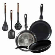 BERGNER - Jeu de 3 Poêles Aluminium Pressé Ø16/Ø20/Ø24 cm Compatible Induction Navy Black avec Set de 3 Ustensiles de Cuisine en PBT Noir et Cuiv