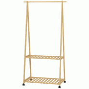 Helloshop26 - Portant à vêtements sur roulettes entrée 84,5 x 43,5 x 158 cm 2 étagères roues 360° scandinave épuré en bambou naturel 21_000587