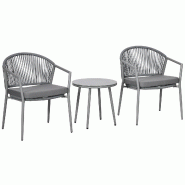 Merax salon de jardin 3 pièces avec 2 chaises, Table Basse et Coussins, meubles de balcon pour 2 Personnes, métal, Gris - gris multi-matériau T3323