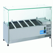 Vitrine réfrigérée pour condiments en acier inoxydable pour 5 plateaux GN1/3. Dimensions 130x39.5x44h cm. Température +2°C/+8°C. Tête froide VR
