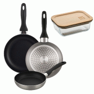 BERGNER - Set de 3 poêles Ø16/20/24cm en aluminium embouti couleur Gris métallisé avec boîte hermétique de 650 ml en verre borosilicate NATURALL