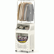 COSTWAY chariot à linge 3 niveaux avec tringles, chariot de salle de bain avec panier, roulettes et crochets - blanc plastique polypropylène VH35304NQ