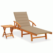 Helloshop26 - Transat chaise longue bain de soleil lit de jardin terrasse meuble d'extérieur avec table et coussin bois d'acacia 02_0012618 - marron
