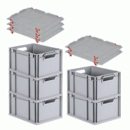 PROREGAL 5x Bac Euro NextGen Economy avec couvercle d'appui et 4 fermetures à glissière rouges poignées ouvertes 22x30x40cm 20L - noir plastique RM