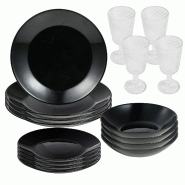 San Ignacio - Service de vaisselle 12 pièces noir en verre opalin avec lot de 4 verres à pied en cristal de 250 ml - noir Verre opale PK9442