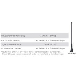 Mât d'éclairage public Villandry - hauteur 3 m - en fonte thermolaquée - protection anticorrosion