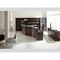 Comptoir d'accueil VOLTA wengé - Banque d'accueil LAS avec tablettes en verre et configuration en S