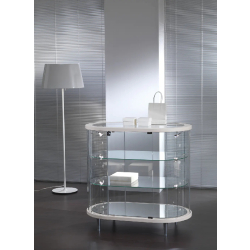 Vitrine cylindrique basse 203/OBVA - blanc poli - verre trempé - éclairage LED - 2 tablettes réglables