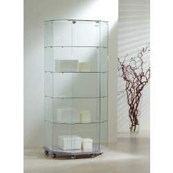Vitrine hexagonale tout verre 8/18TVA - gris - dimensions 80x40x180 cm - 4 tablettes amovibles - serrure et socle bois