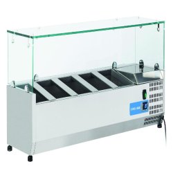Vitrine réfrigérée pour condiments en acier inoxydable pour 5 plateaux GN1/4. Dimensions 130x33.5x44h cm. Température +2°C/+8°C. Tête froide VR