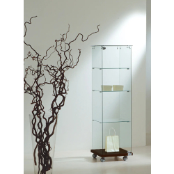 Vitrine tout verre transparent 4/14VA - Colonne d'exposition en verre trempé avec socle bois wengé