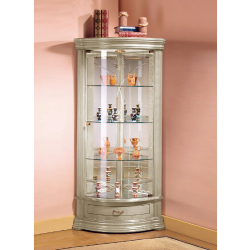 Vitrine d'angle en bois DV33VA - laqué crème cérusé - 3 tablettes réglables et fond miroir