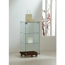 Petite vitrine d'exposition sur roulettes 4/90VA - verre trempé - wengé - 40x40x90 cm