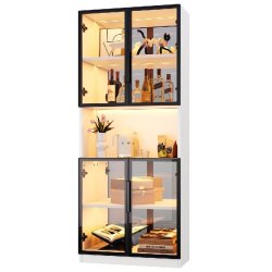 Merax Vitrine LED 70 x 30 x 170 cm, vitrine en verre avec paroi arrière miroir, portes en verre ESG gris et éclairage LED, blanc - blanc multi-maté