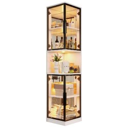 Merax Vitrine LED 42×44×205 cm, vitrine avec portes en verre trempé, bibliothèque et cave à vin avec éclairage, blanc - blanc multi-matériau N8
