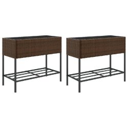 Helloshop26 - Jardinière bac lit surélevé plantes fleurs jardin terrasses avec étagère lot de 2 brun 90 x 40 x 75 cm résine tressée 02_0038884