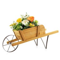 COSTWAY Chariot à fleurs, jardinière avec 9 accessoires magnétiques, 1 roue en fer et 2 poignées, capacité de charge de 5 kg, couleur naturelle -