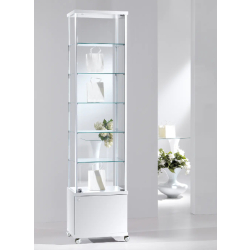 Mobilier d'exposition - Vitrine 53-MAVA - blanc poli - colonne en verre trempé avec 5 tablettes amovibles et serrure