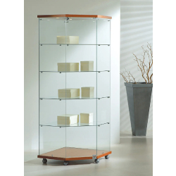 Vitrine d'angle éclairée 7/18LVA - cerisier - verre trempé - 4 tablettes amovibles et serrure
