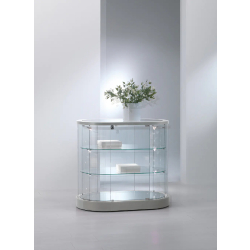Vitrine d'exposition 209/OBVA ovale basse - gris clair - verre trempé - éclairage LED - 2 tablettes réglables