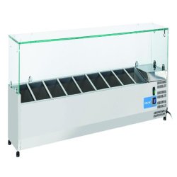 Vitrine réfrigérée inox pour condiments, 10 bacs GN1/4. Dimensions 200x33,5x44 cm. Température +2°C/+8°C. Cool Head VRX 20/33 - inox 1763
