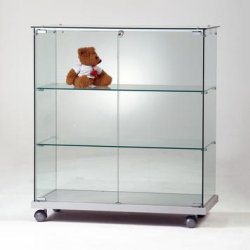 Vitrine-comptoir ECO - verre ESG 5/6 mm - 2 tablettes - 2 portes tournantes à clé - socle bois gris clair