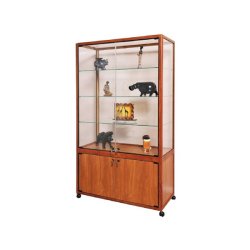404279 vitrine d'exposition avec meuble coloris merisier sur roulettes l100xp42xh180 cm