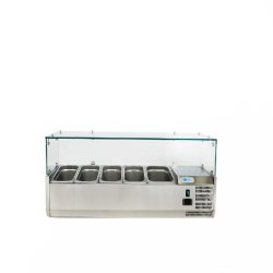 Vitrine réfrigérée avec verre. Capacité 4xGN1/3 + 1xGN1/2. Dimensions (LxPxH) 140x38x43,5 cm. ForCold by FIMAR G-VRX1400-380 - 225