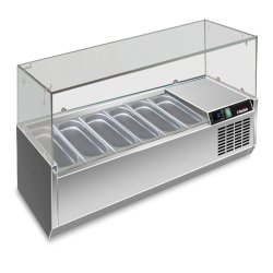 Vitrine réfrigérée en acier inoxydable pour 6 GN1/3. Température +2°C/+8°C. Thermostat électronique. Dimensions LxPxH 150x39,5x43,5 cm. RWX1502 - 4645