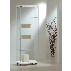 Vitrine tout verre élégante 6/18LEVA - blanc - 4 tablettes amovibles - porte avec serrure - socle bois
