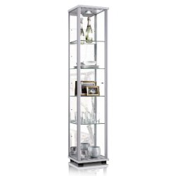 K-Möbel Vitrine en verre argenté (176x37x33 cm) avec 4 étagères en verre réglables en hauteur en ESG et miroir - argenté Bois manufacturé C1016AL