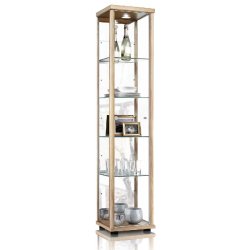 K-Möbel Vitrine en verre en hêtre (176x37x33 cm) avec 4 étagères en verre réglables en hauteur, en verre de sécurité trempé et miroir - beige