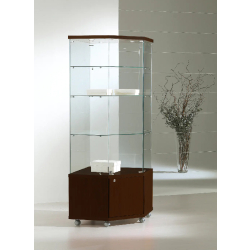 Vitrine d'angle avec rangement bas 7/18LMVA - couleur wengé - verre trempé et roulettes