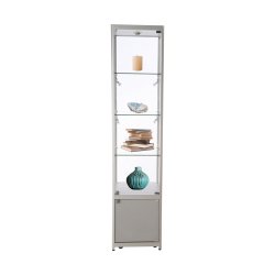 Vitrine Exposition Aluminium LED H 200 x L 45 x P 45 cm - Gris Alu - Réf.2228406 - Vitrine Haute 4 étagères avec éclairage Led et réserve en panneaux bois stratifiés