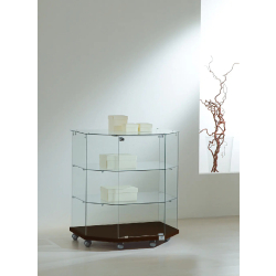 Vitrine hexagonale basse en verre trempé 8/90TVA - wengé - dimensions compactes et base en bois sur roulettes