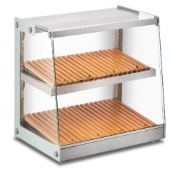 Vitrine snack neutre en acier et verre avec 2 étagères en bois. Eclairage LED. Dimensions (LxPxH) 68,4x45,7x51,6 cm. Modèle BRD70 - 4241
