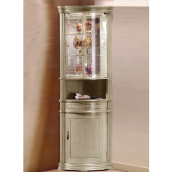 Vitrine d'angle en bois DV32VA - laqué crème cérusé avec fond miroir et tablettes réglables