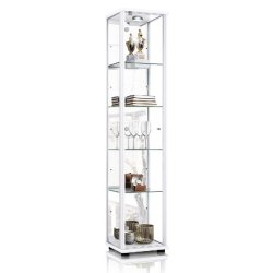 K-Möbel vitrine en verre blanc (176x37x33cm) avec 4 étagères en verre réglables en hauteur, miroir, serrure, LED - modèle de voiture vitrine d'ar