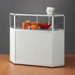 Vitrine d'angle 'VARIO' - profilé angulaire 24 mm, verre trempé et décor bois gris clair