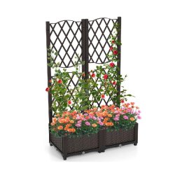 COSTWAY Bac fleuri surélevé avec treillis, palissage & arrosage auto, bac plantation, palissage jardin 80x40x122cm - marron plastique polypropylène
