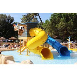 Structure de jeux aquatique thématisée mer - 2 toboggans tubulaires, petit toboggan et cabane sur pilotis - Jeu de pataugeoire Aquadrolics