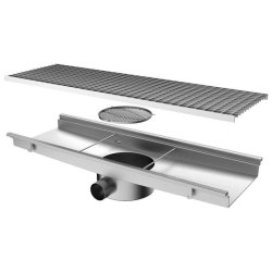 Caniveau avec caillebotis, sortie horizontale ø 63 mm et filtre rond, 800x300x150 mm - VIRTUS - 0615402615525