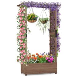 COSTWAY Bac surélevé avec treillis et toit suspendu, en bois, support pour plantes grimpantes 110x44x182 cm, marron. - marron Bois massif SF6856NZ