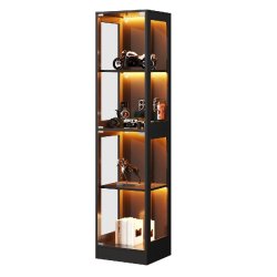 Merax Vitrine LED 40×35×170 cm, vitrine en verre noir, vitrine de collection avec contrôle par application, 4 niveaux, moderne - noir multi-matéri