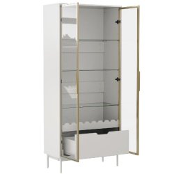 Merax Vitrine 75x35x170.8 cm, armoire haute avec porte vitrée, étagères réglables en verre, tiroir et pieds en métal, armoire polyvalente, blanc